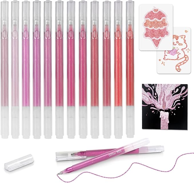 CAISEXILE 12 Red Glitter Gel Pens Set, 1.0 mm Fine Point for Black Paper & White Paper, Large Capacity Pens for Journaling, Adult Coloring Books, Drawing, Note Taking, Highlighting