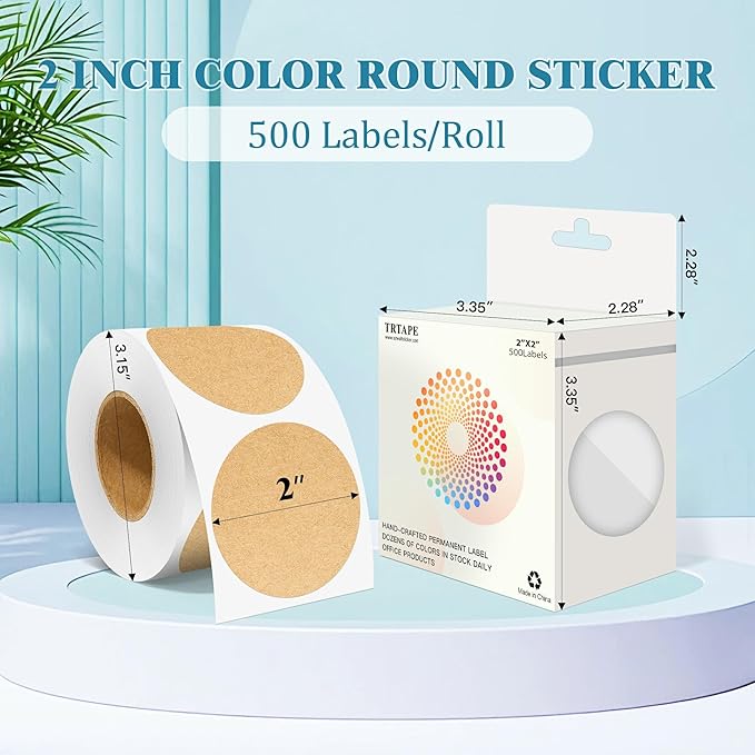 2 Inch Round Color Coding Labels (500 Count) - Kraft Brown Dot Stickers Circle Labels with Dispenser Box for Warehouse, Filing, Industrial, Office Organization