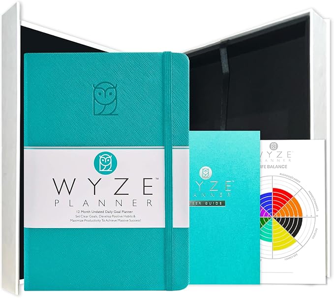 Wyze Planner Undated Daily Planner – 1-Year B5 Productivity Organizer with Two-Page Weekly Spread, Goal Setting, Habit Tracker, Weekly & Monthly Pages – Hardcover Time Management Notebook (Turquoise)