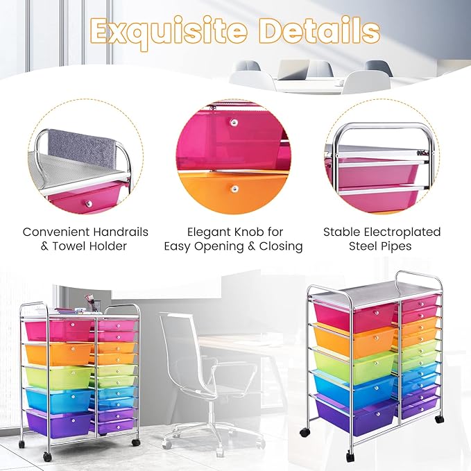 GLACER 15 Drawers Rolling Cart, Storage Cart with w/Removable Drawers & Steel Frame, Multipurpose Organizer Cart w/Sleek Handle, Utility Cart on Lockable Wheels for Home, School, Office (Rainbow)
