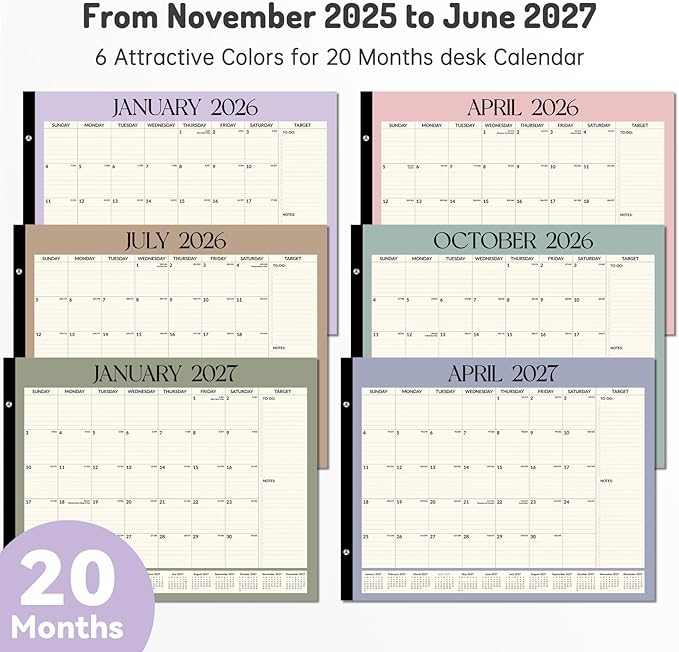 Forvencer 22" x 17" Large Desk Calendar 2026, 20 Months Calendar Runs from November 2025 to June 2027, 2026 Desk Calendar Monthly Planner with Plastic Cover for Home School Office, Soft Blue