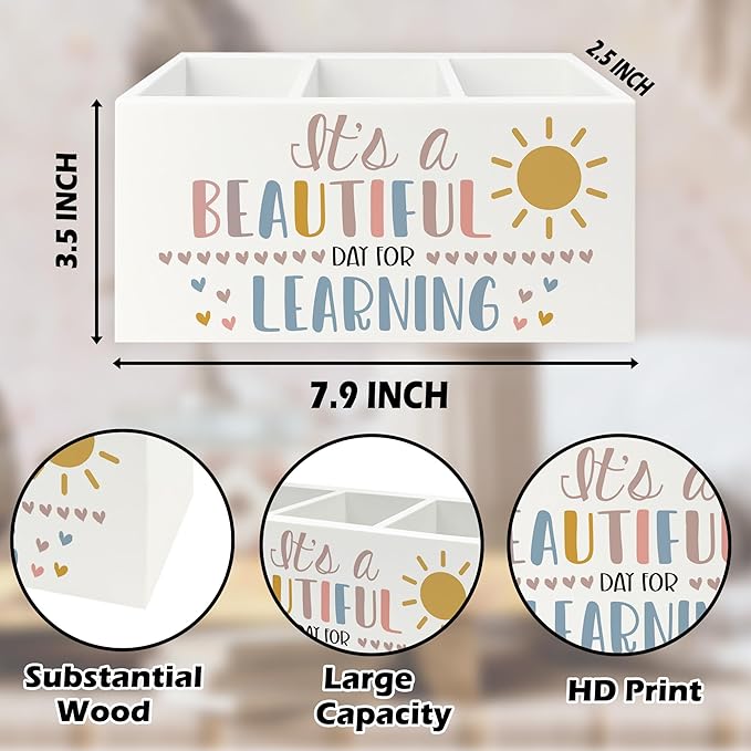 QZQE Boho Classroom Pen Pencil Holder Organizer for Desk, It's a Beautiful Day for Learning Wooden Box Signs Decorations for Home Office Desk Tabletop, Boho Classroom Decor