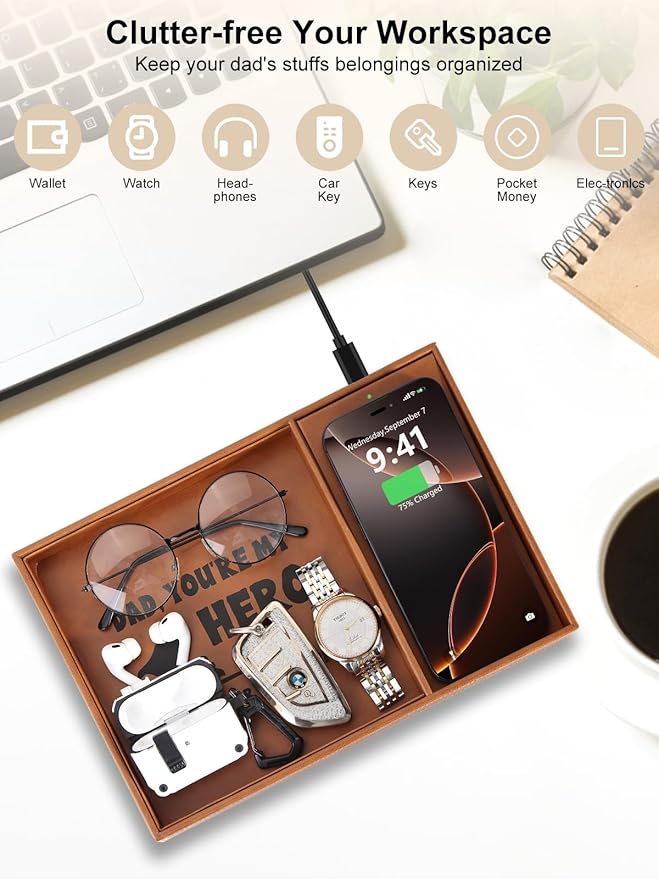 Valet Tray, Built-in Wireless Charger, Nightstand Organizer, Dresser Organizer, Mens Jewelry Box, Valet Charging Station, Gifts for Dad from Daughter Son Wife, Brown