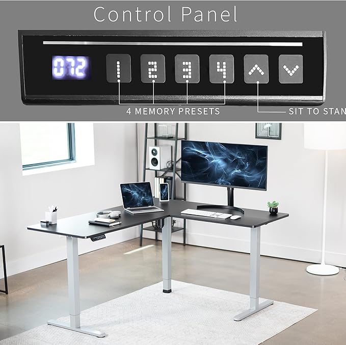 VIVO Electric Corner 63 x 55 inch L-Shaped Standing Desk, Memory Height Adjustment, Black Top Gray Frame, DESK-E3CTGB