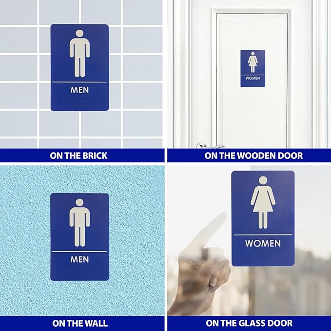 USA Made - Men's and Women's Restroom Signs ADA-Compliant Bathroom Door Signs for Offices, Businesses, and Restaurants, Black, Blue, Grey and Taupe/Tan Colors (Blue)