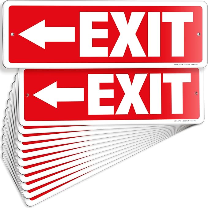 iSYFIX Exit Signs 12 Pack 12x4 Inch with Directional Left Arrows - Rust Free Aluminum, Laminated for UV, Weather, Scratch Resistance - Ideal for Offices, Schools, Theaters, Restaurants