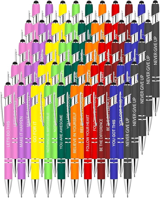Luxeviss 50 Pcs Inspirational Pens Bulk - Motivational Ink Ballpoint Pen with Quotes Stylus Tip Nurse Gifts for School Coworkers Office Supplies Black Ink