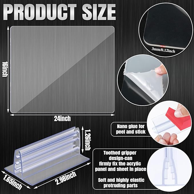 Weysat 6pcs Counter Desk Acrylic Panels Holder and 2 Pcs Acrylic Desk Divider Partition for Business, Office, School 24 x 16 Inches, Fasten Panels from 1/ 8 Inch to 1/ 4 Inch Thick