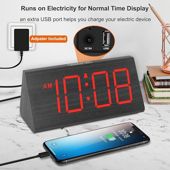 DreamSky Wooden Digital Alarm Clocks for Bedrooms - Electric Desk Clock with Large Red Numbers, USB Port, Battery Backup Alarm, Adjustable Volume, Wood Décor, Dimmer, Snooze, DST (Adapter Powered)