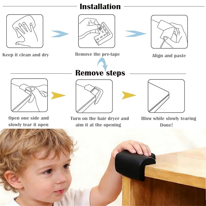 12 Pack Soft Corner Protector Baby Proofing Edge & Corner Guards, Furniture Safety Bumper for Table, Fireplace, Stair, Cabinet, (Black)