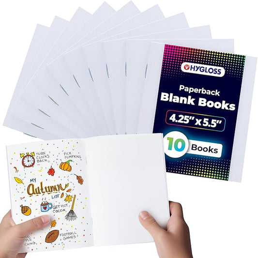 Hygloss Blank Books - Bulk 10 Pack – 4.25" x 5.5" A6 White Paperback Blank Books for Kids to Write Stories, Doodle, Arts & Crafts – Plain Drawing Sketchbook, Unlined Journal, Notebook Without Lines