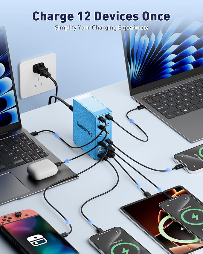 SAIPKYGS USB Charging Station (600W),12-Port USB C Charger Block with Dual 100W PD USB-C Fast Charging Station Hub for MacBook Pro/Air/All iPad Phone 17/16 15/14/13/Pro Max/Samsung Galaxy Note(Blue)
