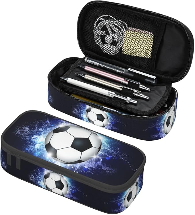 SNAPMADE Soccer Ball Pencil Box Sports Pencil Case for Boys Men, Large Capacity Durable Blue Black Pencil Pouch Storage Pen Bag Stationary Case with Double Zippers