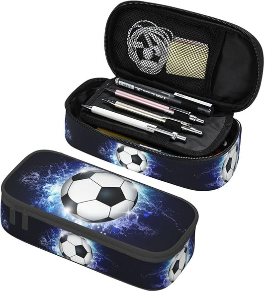 SNAPMADE Soccer Ball Pencil Box Sports Pencil Case for Boys Men, Large Capacity Durable Blue Black Pencil Pouch Storage Pen Bag Stationary Case with Double Zippers