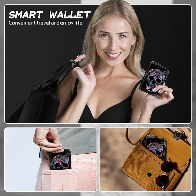 BWEGRHE Cute Credit Card Holder with Zipper, Shackle Skull RFID-Blocking Card Case Small Wallet for Women Men, Multi-slot Card Organizer Case Travel Accordion Wallet
