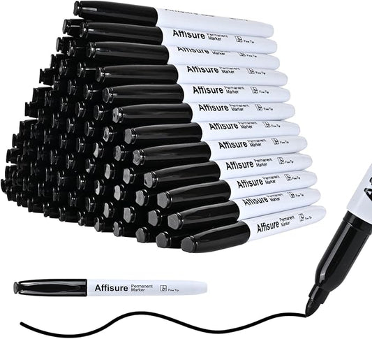 Affisure Permanent markers, 100 packs permanent markers bulk, quick dryingin one second, waterproof, smooth, noteasy to erase, durable, can be markedon glass, tiles and cloth, office supplies