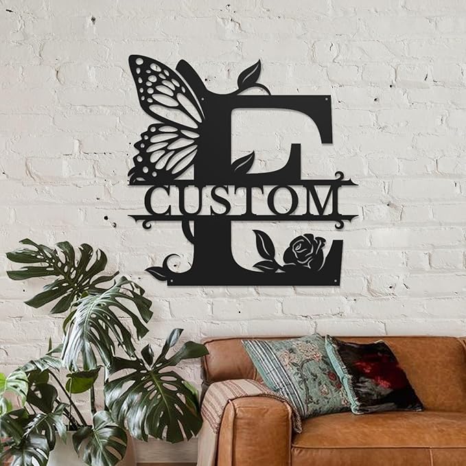 Personalized Custom Letter Name metal Signs,Custom Black Letter Monogram Wall Art Decor,Metal Signs Plaques Outdoor wall Decorative Signage (E)