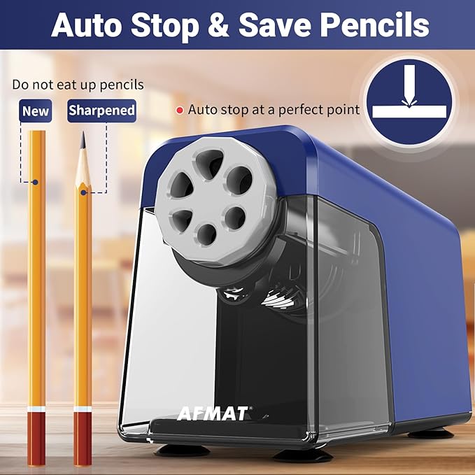 AFMAT 6-Hole Electric Pencil Sharpener, Cordless & Rechargeable, Pencil Sharpener for Classroom, Heavy Duty Pencil Sharpeners for 6-11mm Pencils, Auto Stop, Super Fast, 10,000+ Sharpenings, PSD1