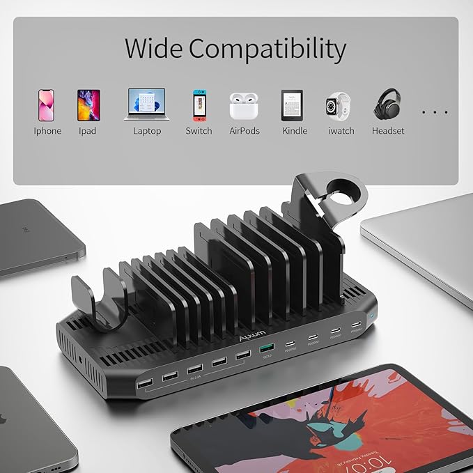 Alxum 140W USB C Charging Station -10 Port Fast Charging Station with QC 3.0 & 4 * USB C PD 60W+45W+30W, Multi Device Charger Organizer Compatible with Laptop, iPad, Tablet, Cell Phone and More