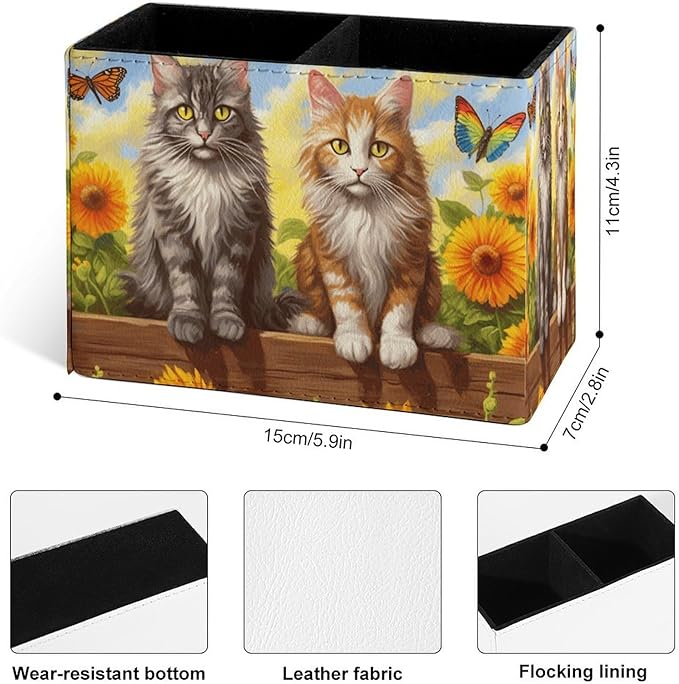 Famame Cute Vintage Cats Sunflower Fence Pencil Holder for Desk, Leather Desktop Container Pen Cup Storage Study Table Pen Organizer Makeup Brush Holder for Classroom Office Home