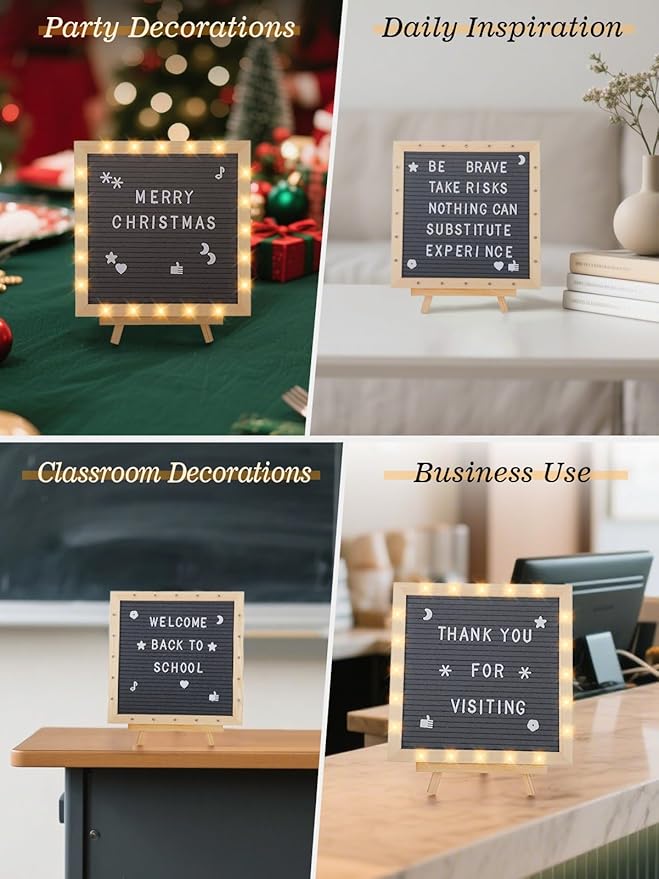 Changeable Felt Letter Board with LED Lights - 10×10" Message Custom Signs & Wood Stand & 450 Letters, Poster Board for Valentine's Day/Baby/Pregnancy Announcement/Classroom Wall Decor Gifts, Grey