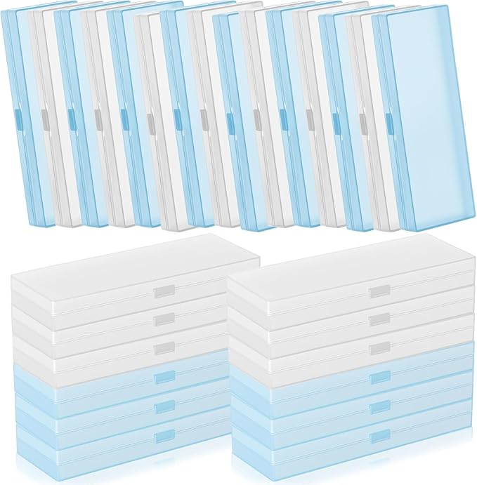 Fainne 24 Pcs Plastic Pencil Case Bulk Pencil Boxes Plastic Stationery Case Frosted Pen Box Pen Holder with Hinged Lid Snap Closure for Office(Single Layer,White, Blue,7.09 x 2.36 x 0.98 Inch)