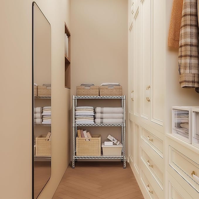 M MZG 750 lbs 3 Tier Storage Rack Metal Wire Shelving Unit, Storage Standing Shelf Organizer for Laundry Bathroom Kitchen Pantry Closet Garage Basement Utility Room, Chrome 13.8" D x 29.5" W x 35.5" H