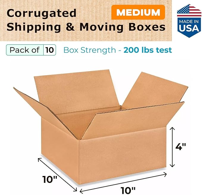 Medium Moving & Shipping Boxes 10x10x4 inches (10-Pack) - Extra Strength 200 lb vs Regular - Corrugated Strong Packing Boxes, Made in USA - Corrugated Box - Medium Shipping Box by IDL Packaging
