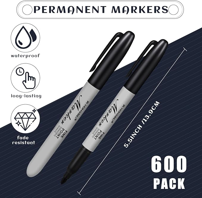 Thenshop 600 Pack Black Permanent Markers Bulk - Fine Point Permanent Marker Quick Drying Waterproof Pens for Doodling Writing Marking Classroom Work on Wood Metal Stone Glass, Office School Supplies
