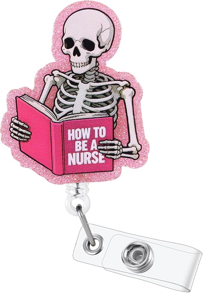 How to Be A Nurse Funny Skeleton Book Nurse Badge Reel, Cute Pink Radiology X-ray Retractable ID Card Medical Badge Holder, Name Tag Badge Buddy for RN LPN CNA MA Nursing Student Medical Workers