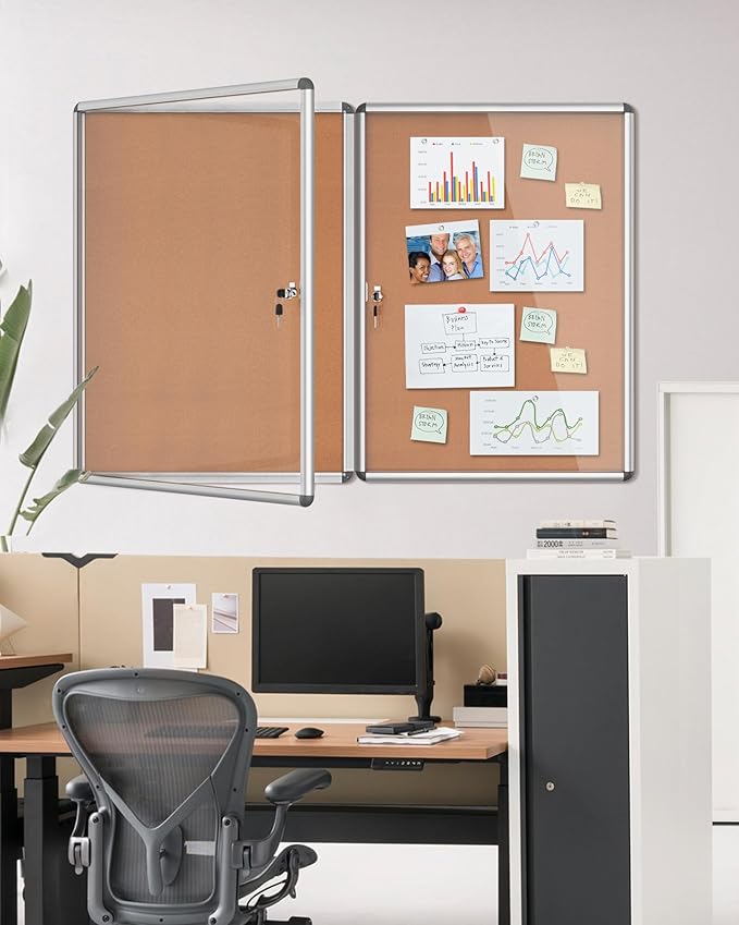 Mifuro 2 Pack 38"x28" Enclosed Bulletin Board, Lockable Weather-Resistant Aluminum Cork Noticeboard for School & Office, Silver Frame w/Cork