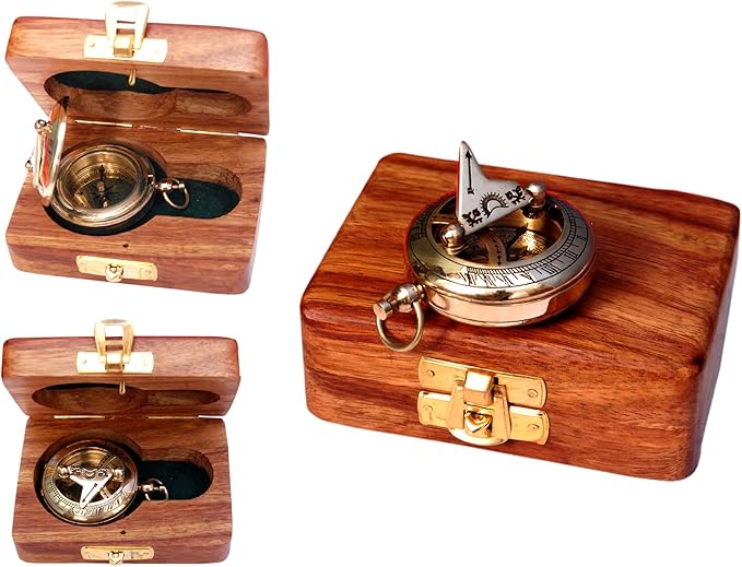 Bazross Brass Nautical Compass with Wooden Case - Antique Brass & Copper Sun Clock for Camping, Hiking, Touring - Engraved Gift for Him - Nautical Clock - Compass Gift