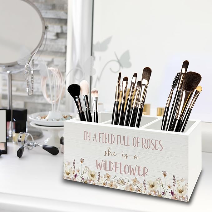 XPH Wildflower Nursery Decor Pen Pencil Holder Organizer for Desk, Girl Nursery Decor, in a Field Full of Roses She Is a Wildflower Wooden Box Sign for Girly Room Bedroom Desk Tabletop Decorations