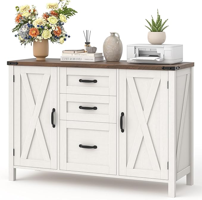 Vabches File Cabinet with 3 Drawers, Farmhouse Lateral File Cabinet Fits Files Letter/A4 Size, Wooden Filing Cabinet with Door and Adjustable Shelves Printer Stand for Home Office, Rustic White
