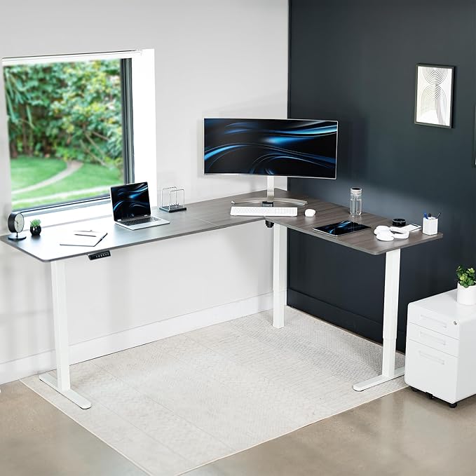 VIVO Electric Corner 84 x 63 inch L-Shaped Standing Desk, Memory Height Adjustment, Dark Gray Top White Frame, DESK-E3CTWG-84