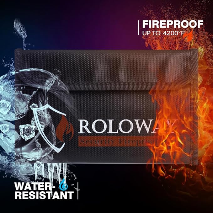 ROLOWAY Small Fireproof Bag (5 x 8 inches), Non-itchy Fireproof Money Bag for Cash, Valuables, Passport, Currency & Keys (2-Pack Black)