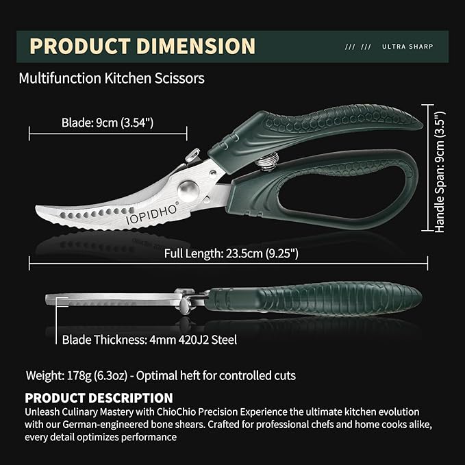 IOPIDHO Heavy Duty Poultry Shears, Kitchen Shears with Non-Slip Handle & Safety Lock, All Purpose Kitchen Scissors for Chicken, Meat Cutting, Turkey, Fish, Vegetables, Spring Loaded, Dishwasher Safe