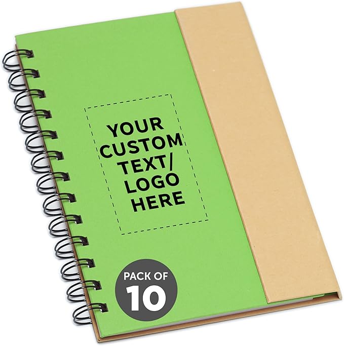 DISCOUNT PROMOS Custom Eco Friendly Spiral Notebooks with Pens Set of 10, Personalized Bulk Pack - Perfect for School, Office, Home - Green