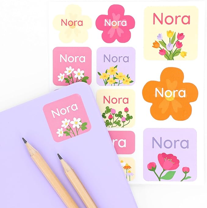 Large Name Labels for Kids (33) - Custom Stickers for Daycare and School Supplies - Durable, Waterproof Stickers for Water Bottles, Lunch Boxes, and More with Unique Designs - Flowers