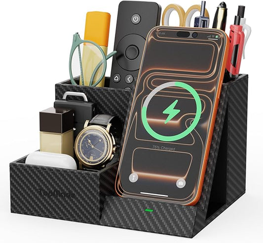 TopMade Wireless Charger Nightstand Organizer, Multi-Functional Pen/Pencil/Remote Holder for Desk, Leather Desktop Organizers, Home Office Supplies Fast Phone Charging Stand, Black Carbon Fiber