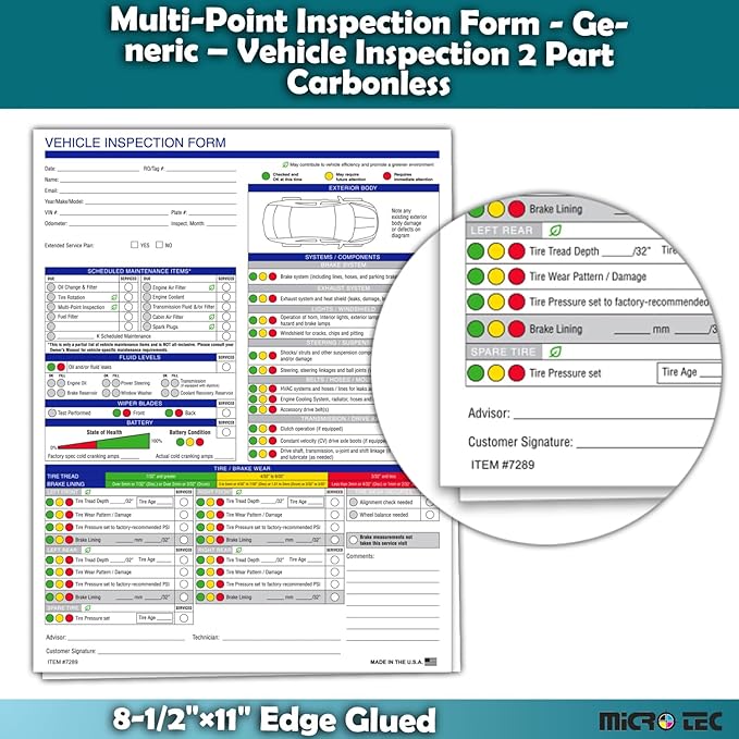 Multi-Point Inspection Form for Vehicles – 2-Part Carbonless Vehicle Checklist Pad – 8.5" x 11" Inspection Report – Edge-Glued, Manufacturer Recommended – White - Pack of 750