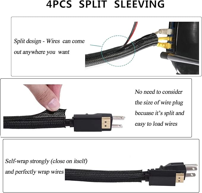 DRIVUU 311Pcs Cable Management Organizer Kit 4 Cable Sleeve Split,53Cable Clips 12Cord Clips Holder,22 Cable Ties, 20 Adhesive Wall Cable Tie, 200Fasten Cable Ties for TV Office Home Electronics
