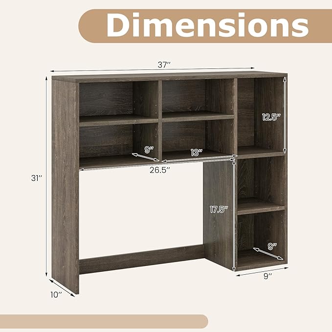 Tangkula Desktop Bookshelf, 37" Countertop Storage Hutch with 7 Cubes & 3 Adjustable Shelves, 3-Tier Desk Display Rack Organizer, Multipurpose Wood Desktop Hutch for Dorm Home Office (Grey)