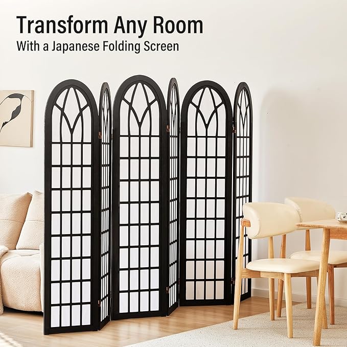 ALeesing Folding Room Divider Privacy Screen Freestanding 6-Panel Shoji Style Wooden Frame Decorative Partition Wall for Bedroom Office Apartment Black