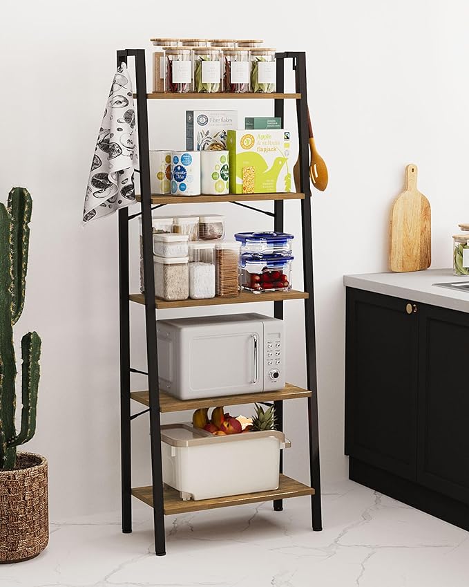 Hzuaneri Ladder Shelf, Bookshelf Bookcase, Freestanding Corner Storage Shelve with 2 Hooks for Home Office, Living Room, Kitchen, Bedroom, Industrial, 11.8" D x 23.6" W x 63" H, Rustic Brown BC19301B