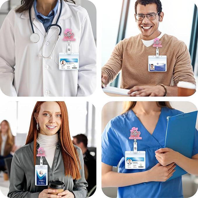 Stay Positive Skull Funny Nurse Badge Reel, Retractable ID Card Badge Holders, Medical Badge Clip for Radiology ER ED RT(R) CT Radiologists Nurses Radiologic Technologists CNA RN LPN Social Workers