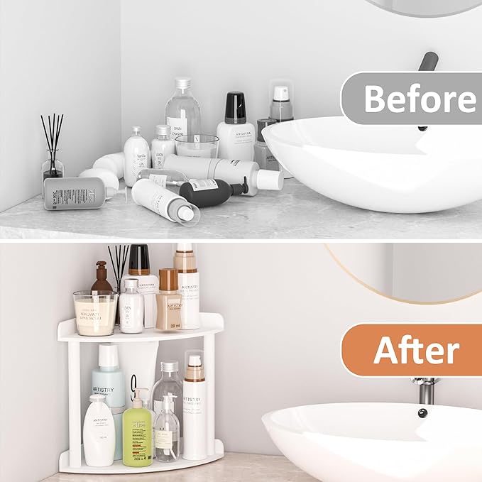 Sezanrpt 2 Tier Countertop Corner Organizer Shelf 7x7x8 Inch, White Acrylic Bathroom Vanity Storage Organizer Corner Shelf for Skincare, Cosmetics, Perfume