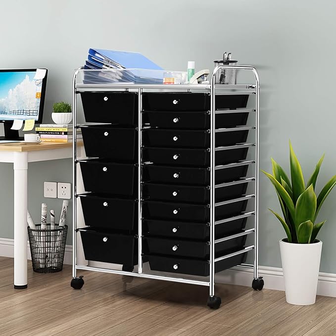 LDAILY 15 Drawer Rolling Storage Cart, Rolling Cart with Drawers for Classroom, Art Supply Craft Organizer on Wheel with Metal Frame & Handles for Home Office School
