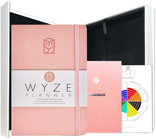 Wyze Planner Undated Daily Planner – 1-Year B5 Productivity Organizer with Two-Page Weekly Spread, Goal Setting, Habit Tracker, Weekly & Monthly Pages – Hardcover Time Management Notebook (Pink)