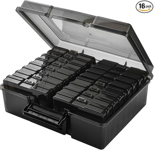 Haundry Photo Storage Box with 16 Inner 4" x 6" Photo Case, Portable Storage Organizer with Handle Craft Keeper for Picture, Stickers, Stamps, Screws, Hair Clips, Black